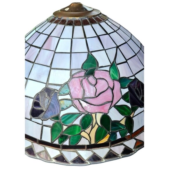 Vintage Light Pendant Tiffany-Style Stained Leaded Glass Floral Brass 21" Dia - Picture 6 of 13